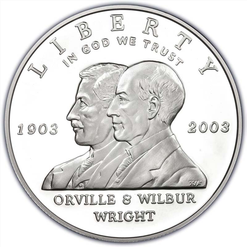 Монета номиналом 1 доллар 2003 Братья Райт Первый полёт, белый металл proof