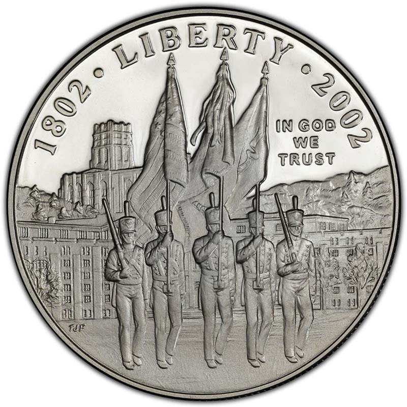 Монета номиналом 1 доллар 2002 200 лет Вэст-Поинта, белый металл proof