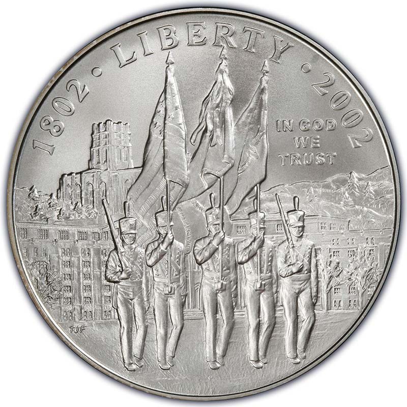 Монета номиналом 1 доллар 2002 200 лет Вэст-Поинта, белый металл UNC