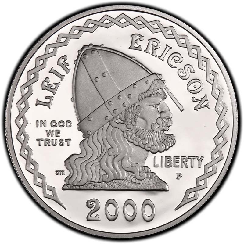 Монета номиналом 1 доллар 2000 США Лиф Эриксон, белый металл proof