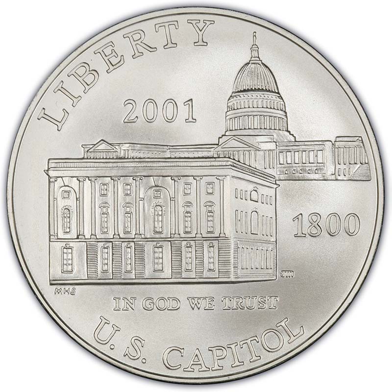 Монета номиналом 1 доллар 2001 Капитолий, белый металл UNC