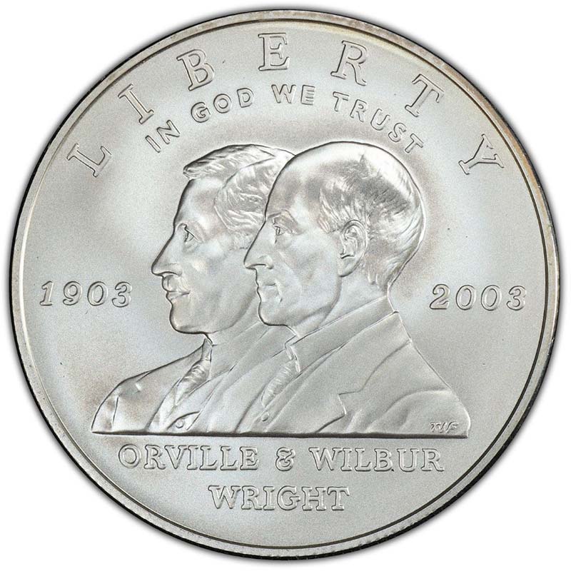 Монета номиналом 1 доллар 2003 Братья Райт Первый полёт, белый металл UNC