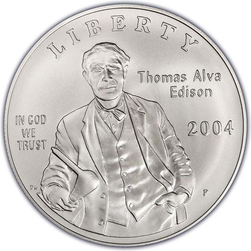 Монета номиналом 1 доллар 2004 Томас Альва Эдисон, белый металл UNC