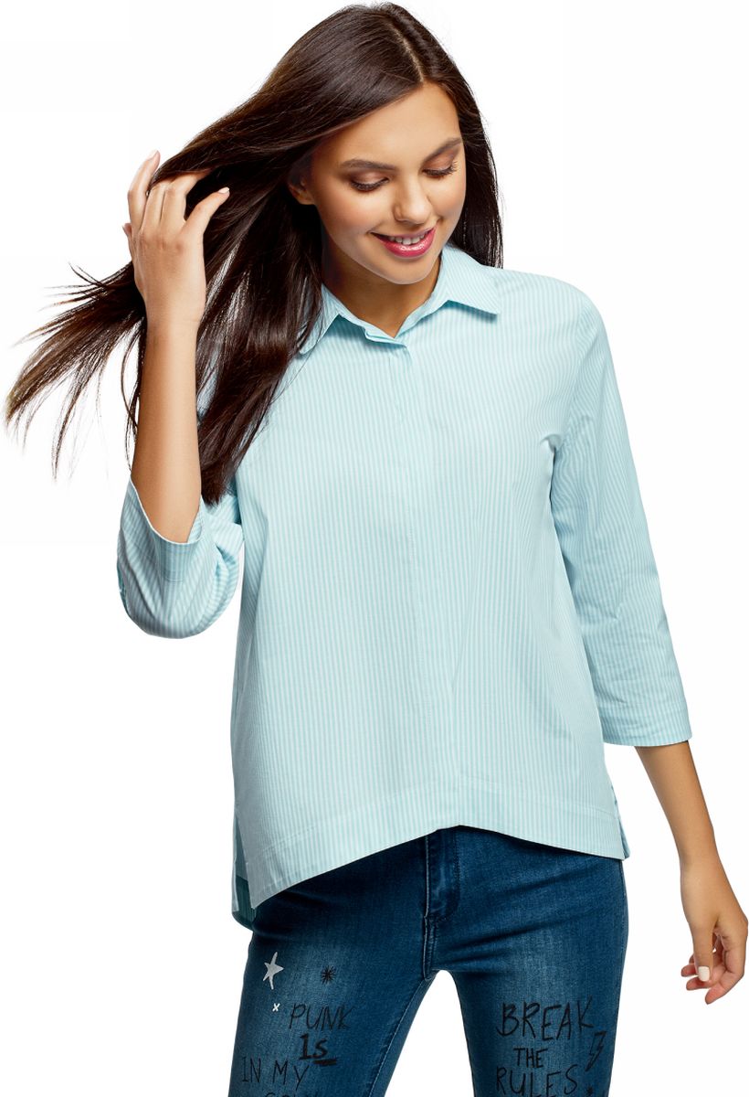 Рубашка женская oodji, цвет: белый, бирюзовый. 13K11002/45387/1073S. Размер 42 (48-170)