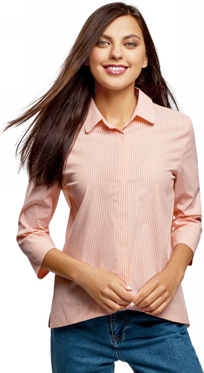 Рубашка женская oodji, цвет: белый, персиковый. 13K11002/45387/1054S. Размер 36 (42-170)