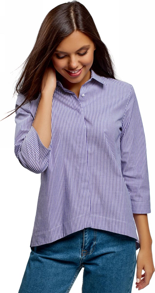 Рубашка женская oodji, цвет: белый, синий. 13K11002/45387/1075S. Размер 40 (46-170)