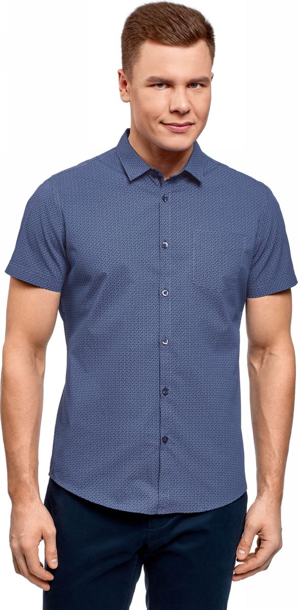 Рубашка мужская oodji, цвет: темно-синий, синий. 3L410117M/39312N/7975G. Размер S (46;48)