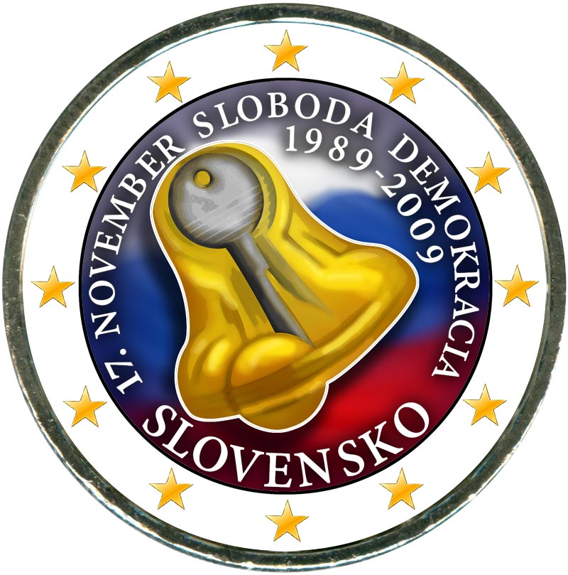 Монета номиналом 2 евро 2009 Словакия 20 лет с начала Бархатной Революции (цветная)