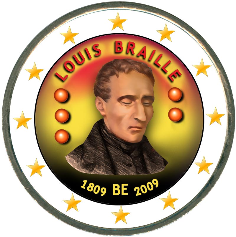 Монета номиналом 2 евро 2009 Бельгия, 200 лет со дня рождения Луи Брайля (цветная)