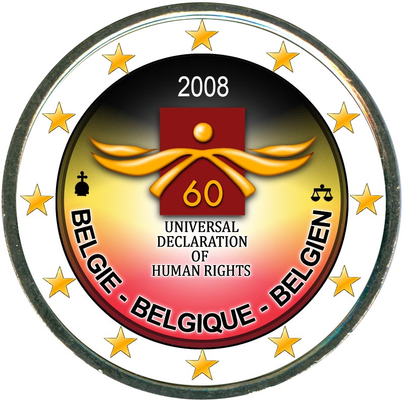 Монета номиналом 2 евро 2008 Бельгия, 60 лет Декларации прав человека (цветная)