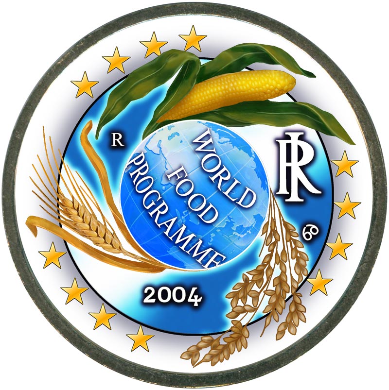 Монета номиналом 2 евро 2004 Италия, 50 лет Всемирной продовольственной программы (цветная)