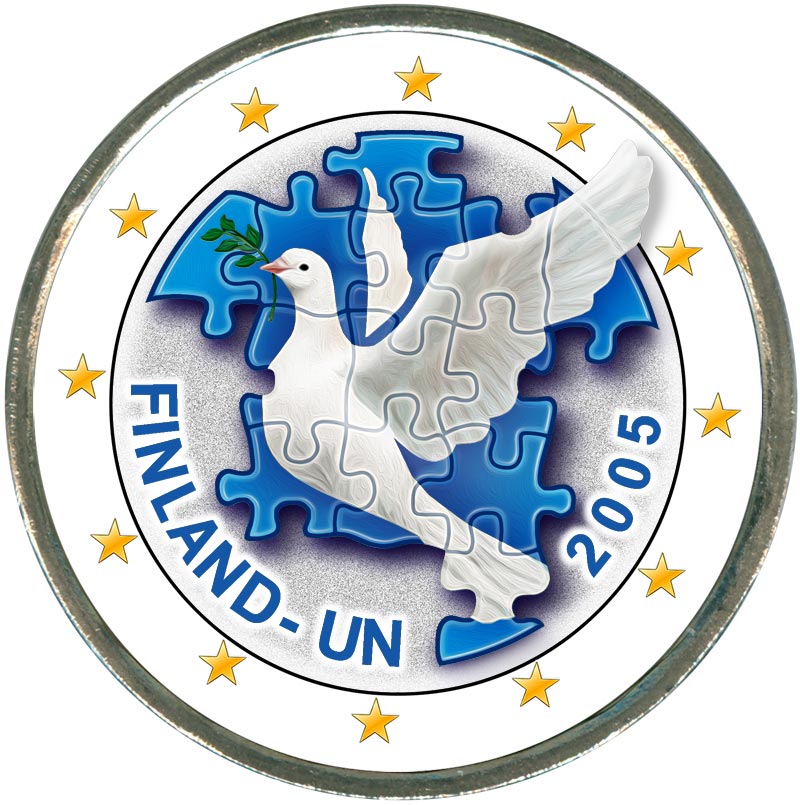 Монета номиналом 2 евро 2005 Финляндия, 60 лет образования ООН, 50 лет членства Финляндии в ООН (цветная)