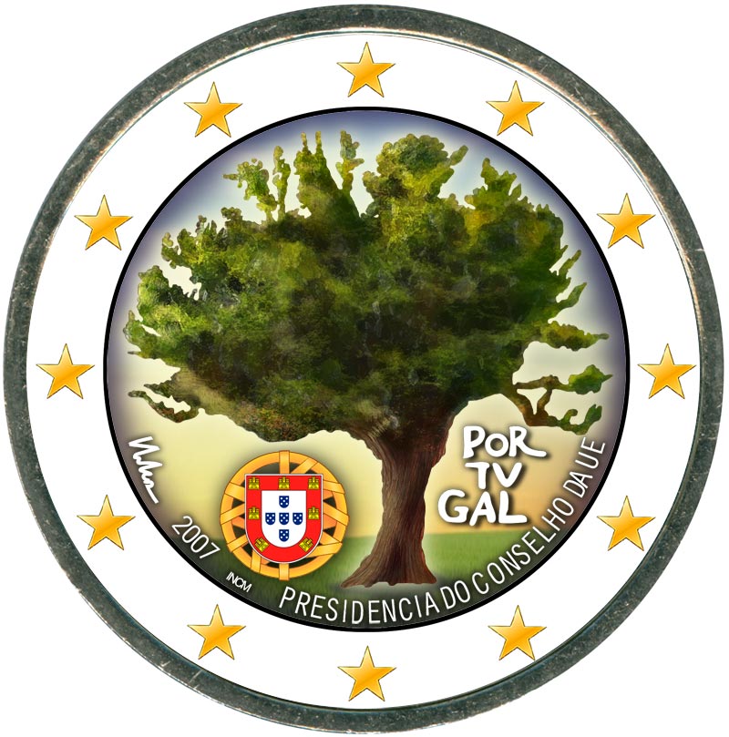 Монета номиналом 2 евро 2007 Португалия, председательство Португалии в Совете Европейского союза (цветная)