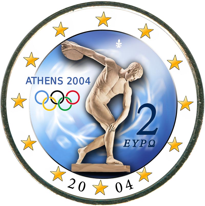Монета номиналом 2 евро 2004 Греция, Летние Олимпийские игры 2004 в Афинах (Дискобол) (цветная)