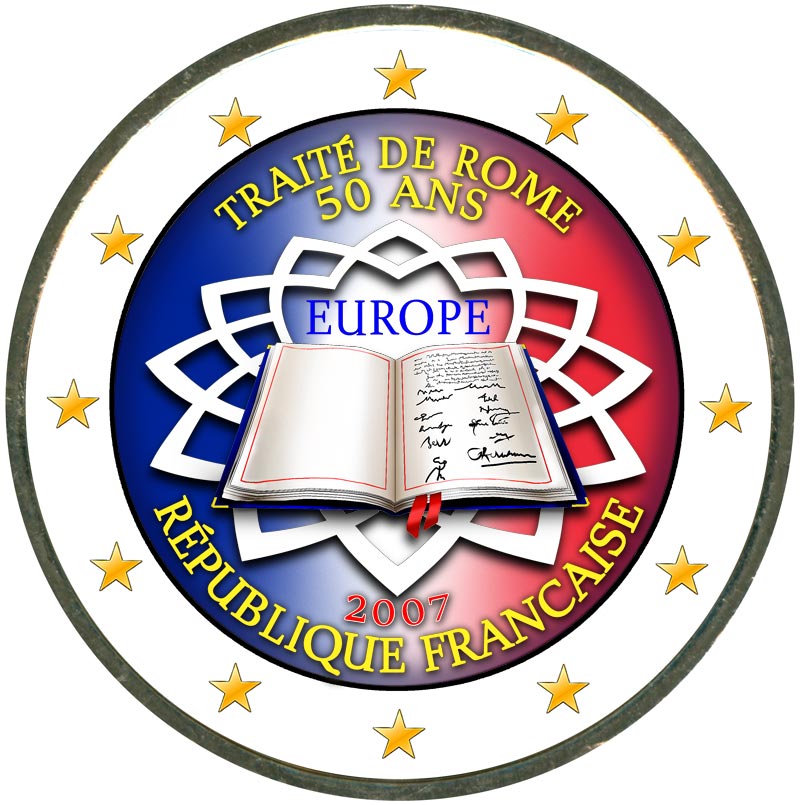 Монета номиналом 2 евро 2007 50 лет Римскому договору, Франция (цветная)