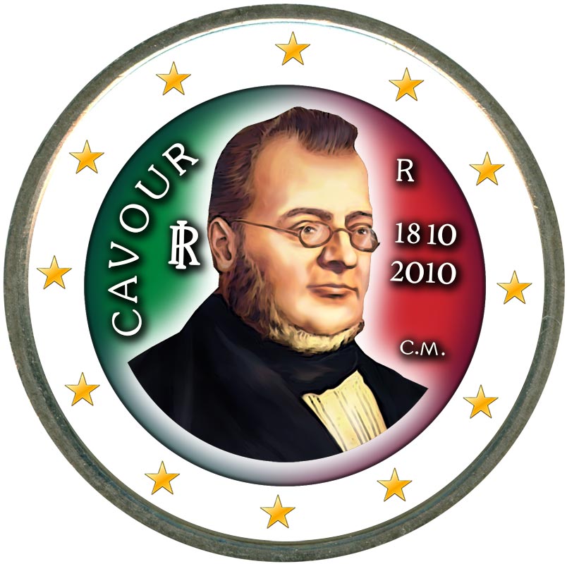 Монета номиналом 2 евро 2010 Италия Камилл Кавур (цветная)
