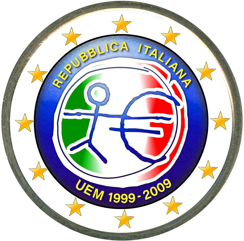Монета номиналом 2 евро 2009 10 лет Экономическому и валютному союзу, Италия (цветная)