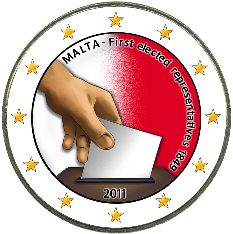 Монета номиналом 2 евро 2011 Мальта, Первые избранные представители совета Мальты 1849 года (цветная)