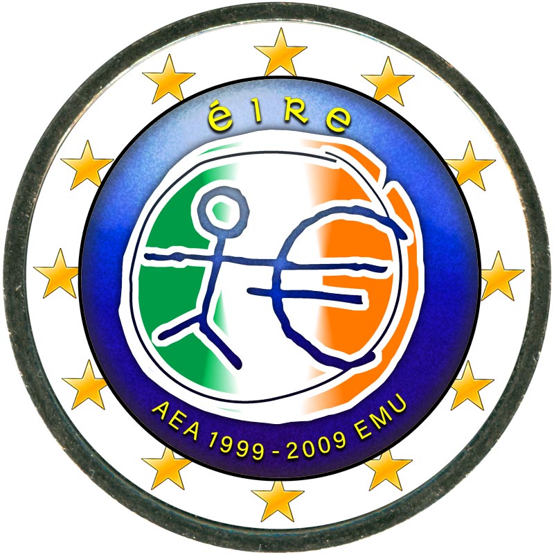 Монета номиналом 2 евро 2009 10 лет Экономическому и валютному союзу, Ирландия (цветная)