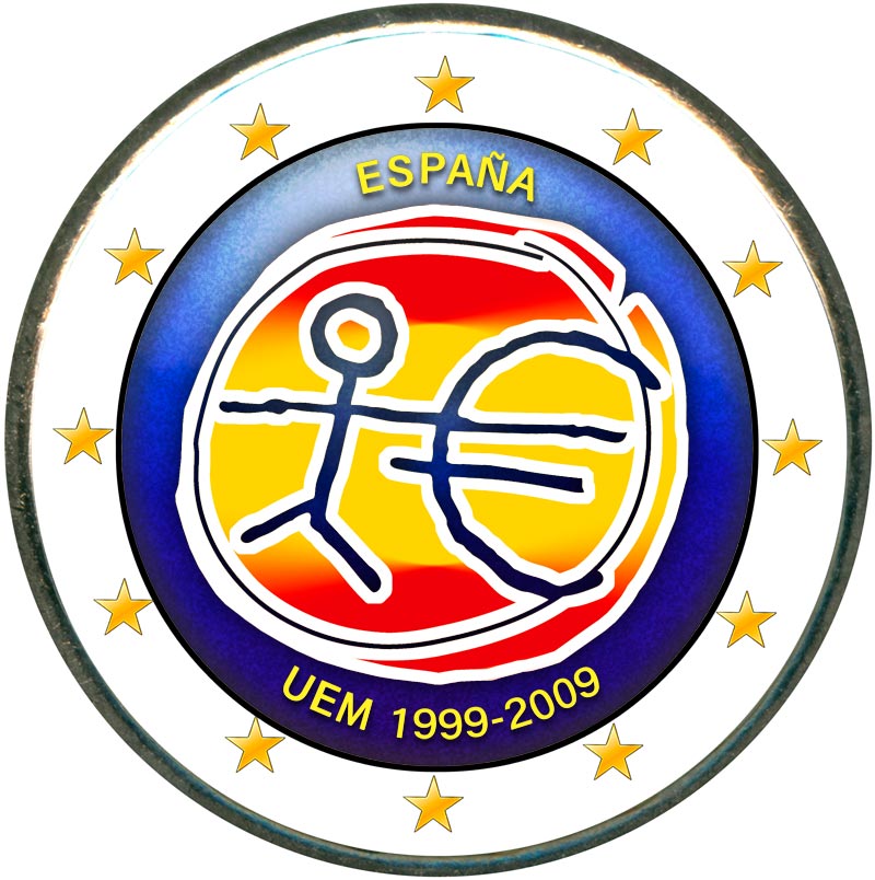 Монета номиналом 2 евро 2009 10 лет Экономическому и валютному союзу, Испания (цветная)