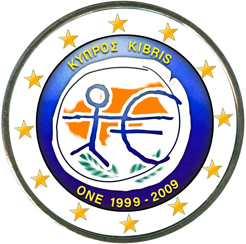 Монета номиналом 2 евро 2009 10 лет Экономическому и валютному союзу, Кипр (цветная)