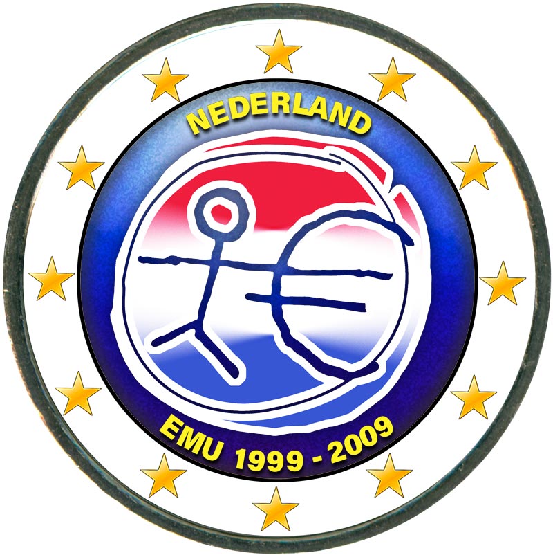 Монета номиналом 2 евро 2009 10 лет Экономическому и валютному союзу, Нидерланды (цветная)