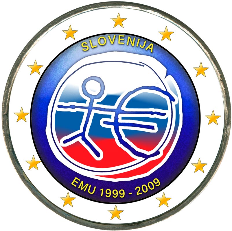 Монета номиналом 2 евро 2009 10 лет Экономическому и валютному союзу, Словения (цветная)