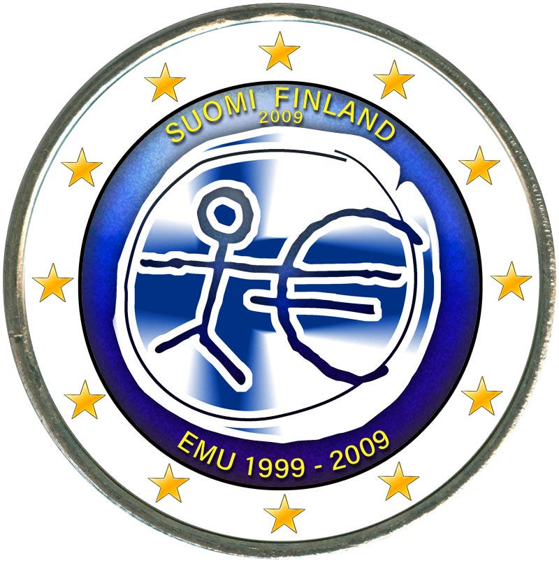 Монета номиналом 2 евро 2009 10 лет Экономическому и валютному союзу, Финляндия (цветная)