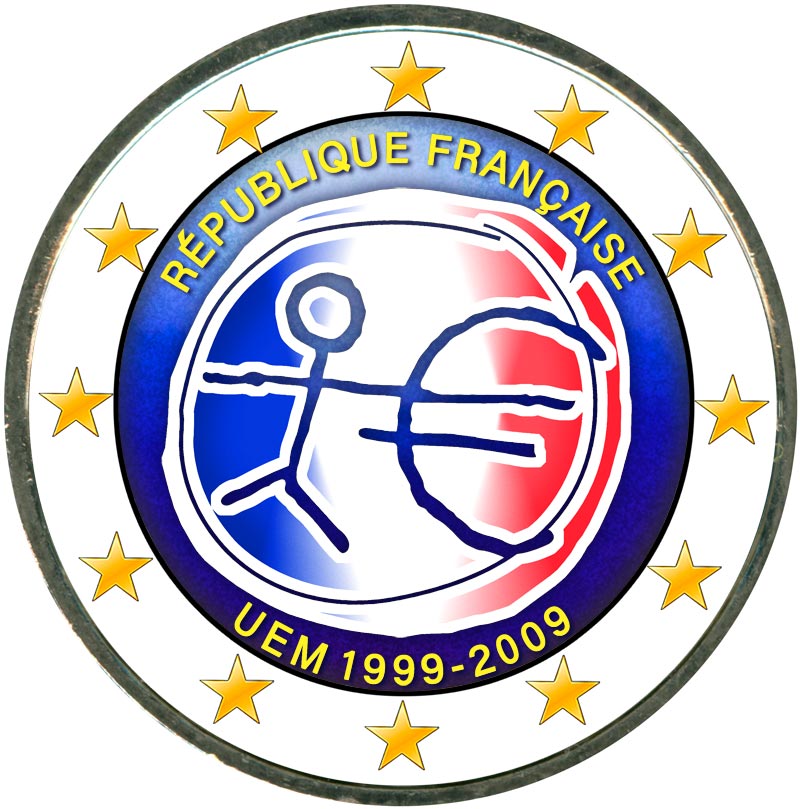 Монета номиналом 2 евро 2009 10 лет Экономическому и валютному союзу, Франция (цветная)