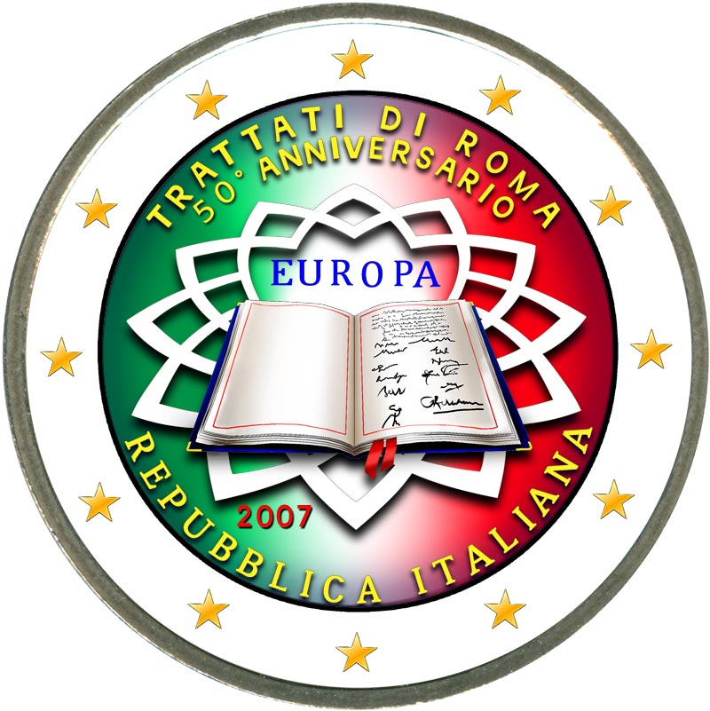 Монета номиналом 2 евро 2007 50 лет Римскому договору, Италия (цветная)