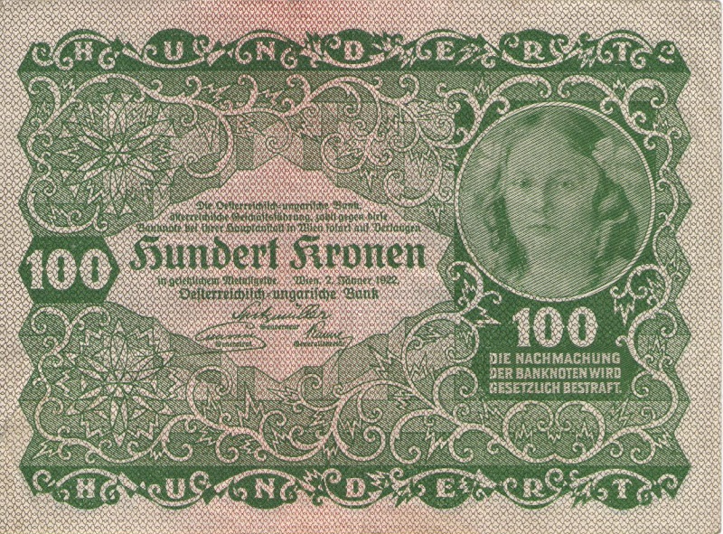 Банкнота номиналом 100 крон. Австрия. 1922 год