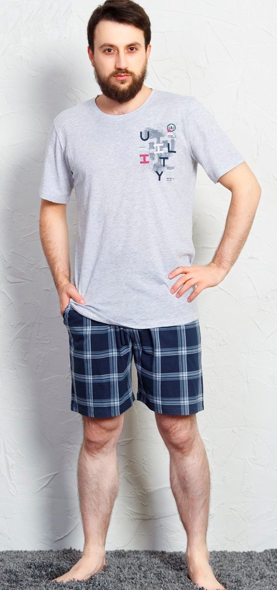 Домашний комплект мужской Gazzaz Буквы: футболка, шорты, цвет: индиго. 710157 3281. Размер M (46)