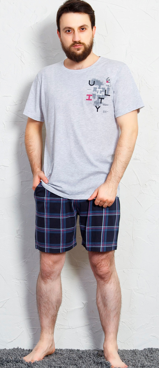 Домашний комплект мужской Gazzaz Буквы: футболка, шорты, цвет: темно-синий. 710157 3281. Размер XXL (52)