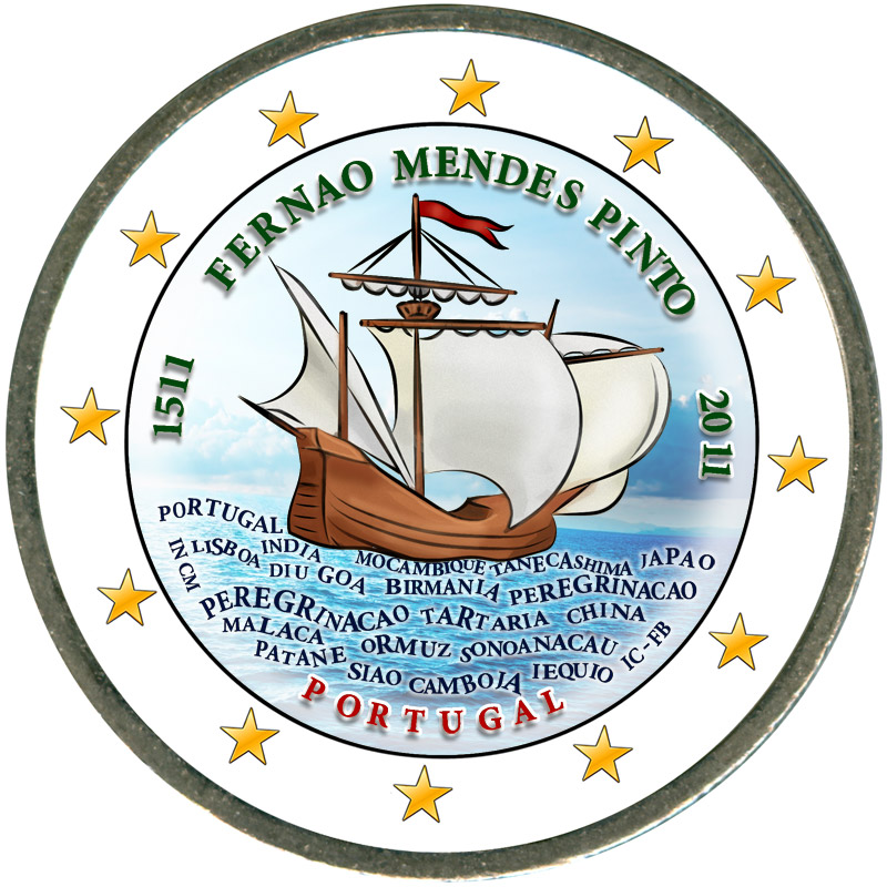 Монета номиналом 2 евро 2011 Португалия, 500 лет со дня рождения Фернана Мендеса Пинто (Fernam Mendez Pinto) (цветная)