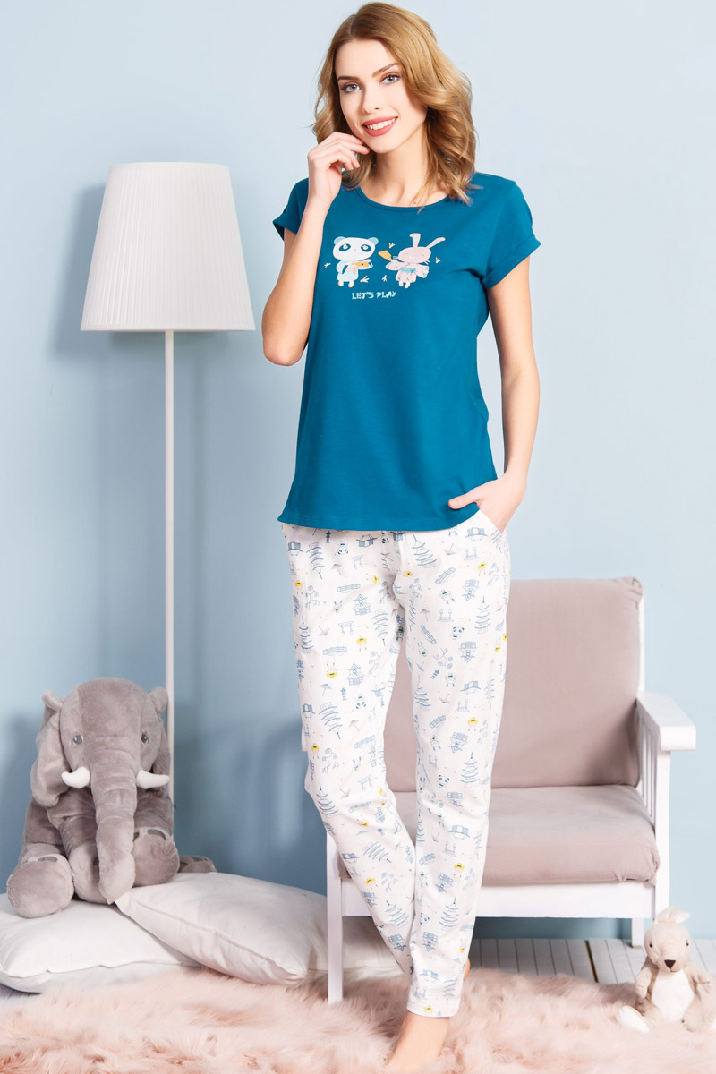 Домашний комплект женский Vienetta Pink Good Night: футболка, брюки, цвет: малахитовый. 712070 1936. Размер L (48)