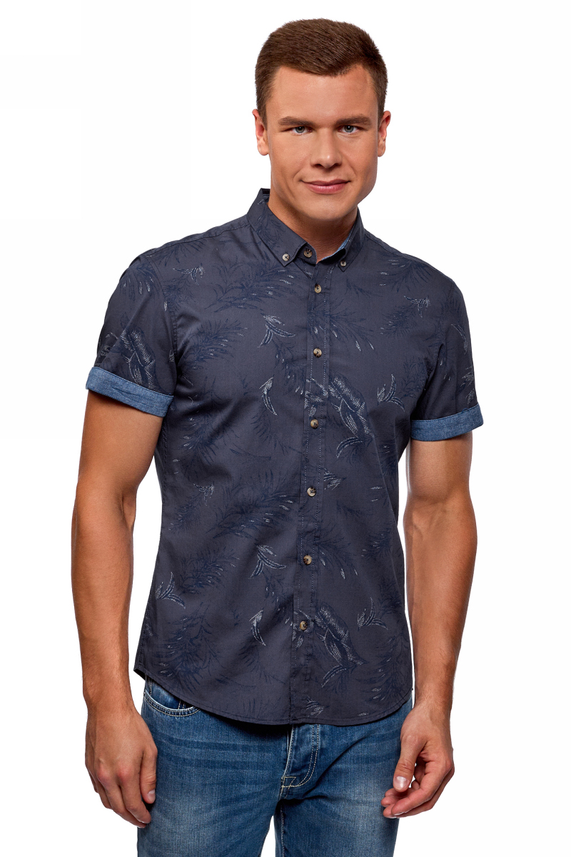 Рубашка мужская oodji, цвет: синий, темно-синий. 3L410120M/48244N/7579F. Размер M (50)