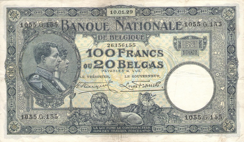 Банкнота номиналом 100 франков. Бельгия. 1929 год