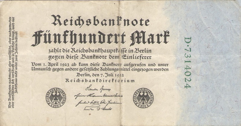 Банкнота номиналом 500 марок. Германия. 1922 год