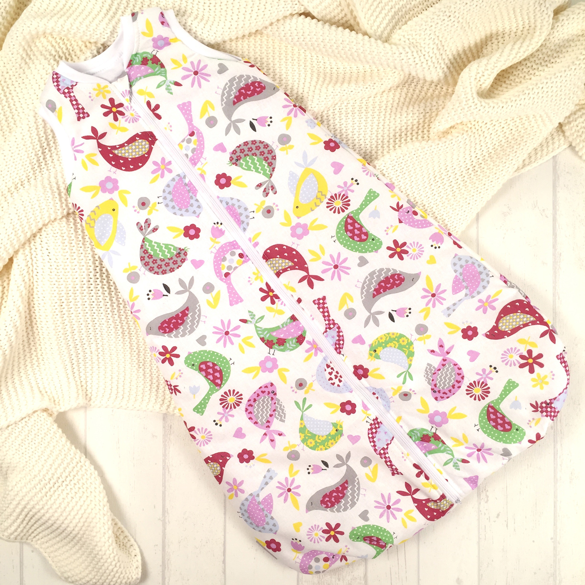 Спальный мешок для новорожденных Супермамкет Птицы, цвет: белый, зеленый, розовый. SPM3/птицы. Размер 62