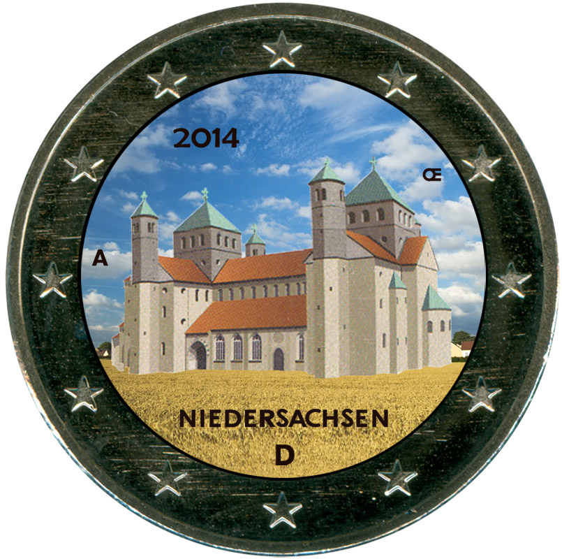 Монета номиналом 2 евро 2014 Германия Нижняя Саксония (Церковь Св. Михаэля в Хильдесхайме), (цветная)