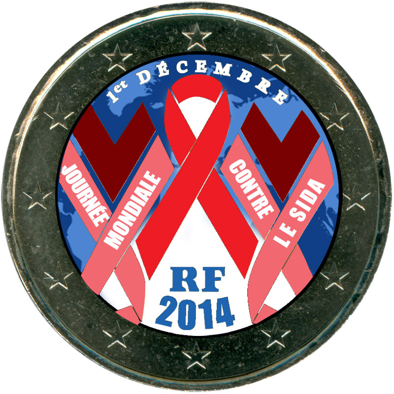 Монета номиналом 2 евро 2014 Франция Всемирный день борьбы со СПИДом (цветная)
