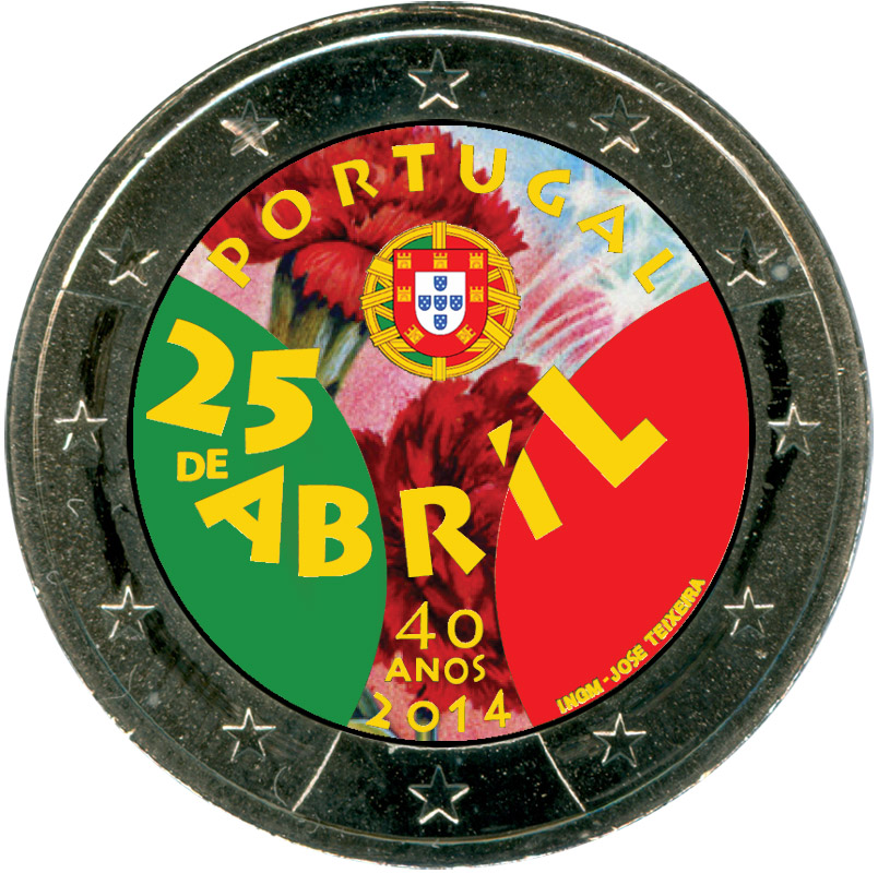 Монета номиналом 2 евро 2014 Португалия 40 лет Революции гвоздик (цветная)