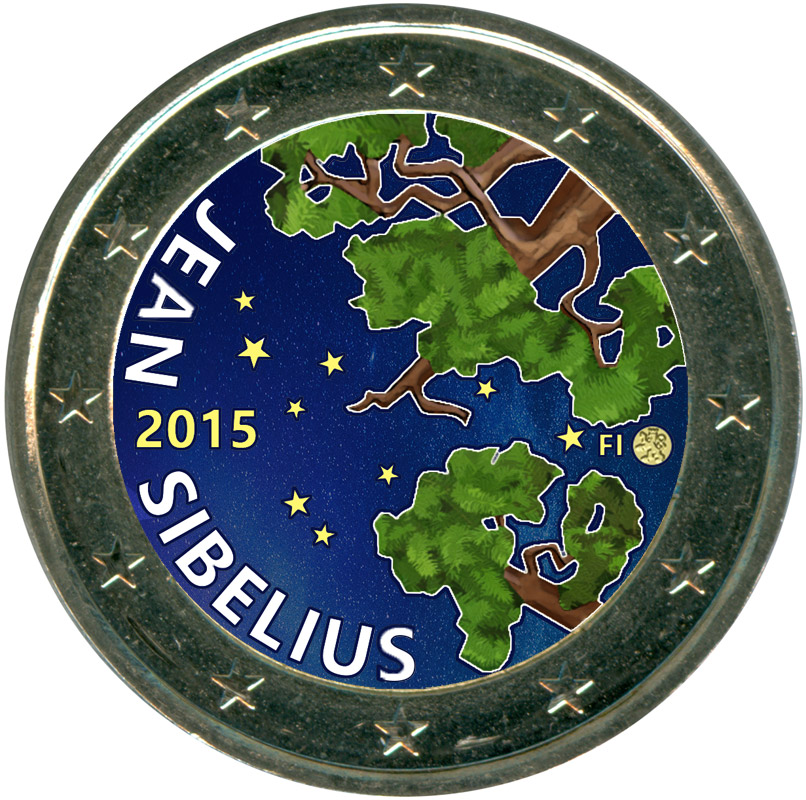 Монета номиналом 2 евро 2015 Финляндия Ян Сибелиус (цветная)