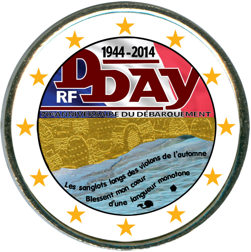 Монета номиналом 2 евро 2014 Франция 70 лет высадки союзников в Нормандии D-Day (цветная)