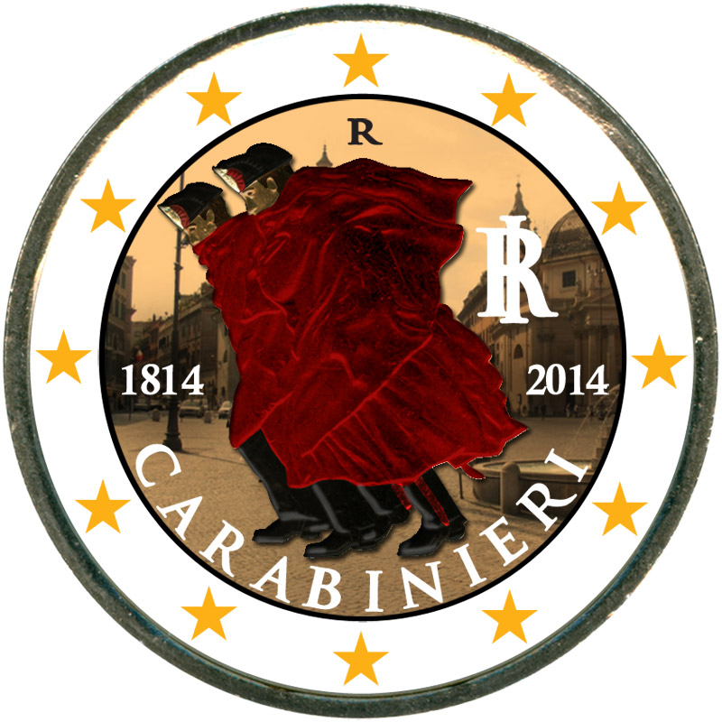 Монета номиналом 2 евро 2014 Италия 200 лет карабинерам (цветная)