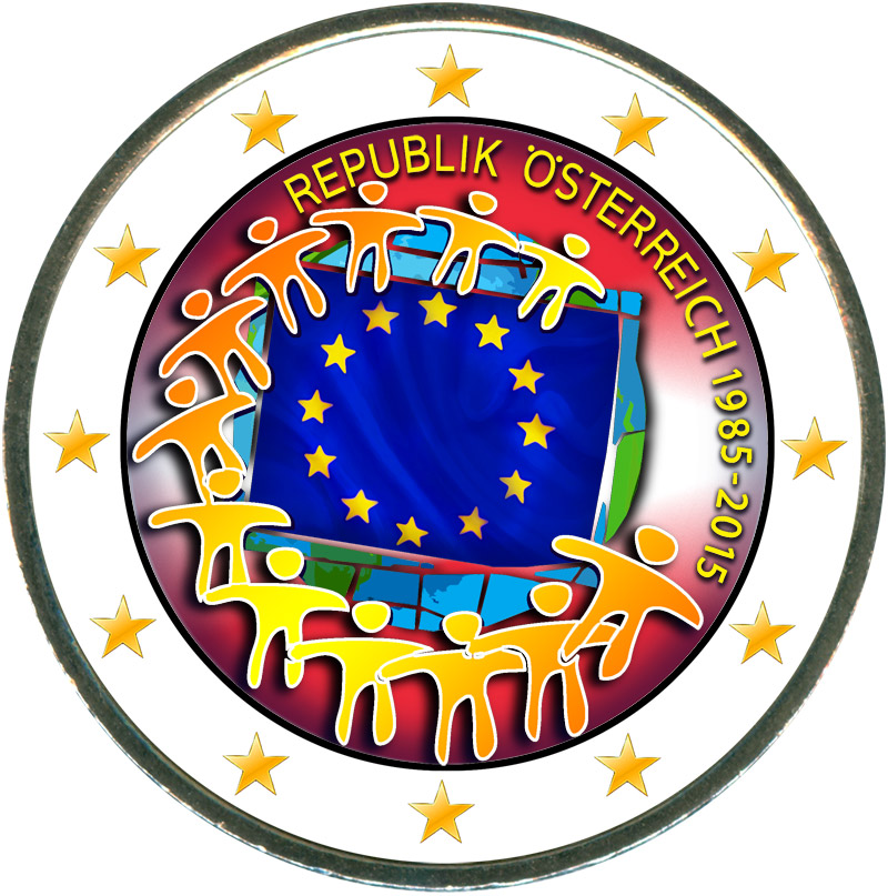 Монета номиналом 2 евро 2015 Австрия, 30 лет флагу ЕС (цветная)