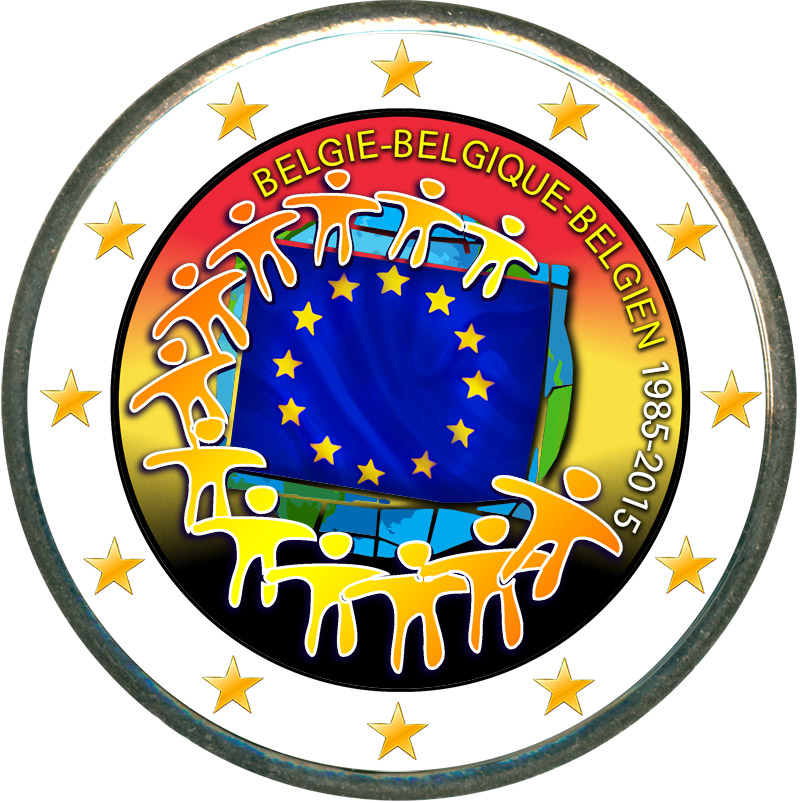 Монета номиналом 2 евро 2015 Бельгия 30 лет флагу ЕС (цветная)