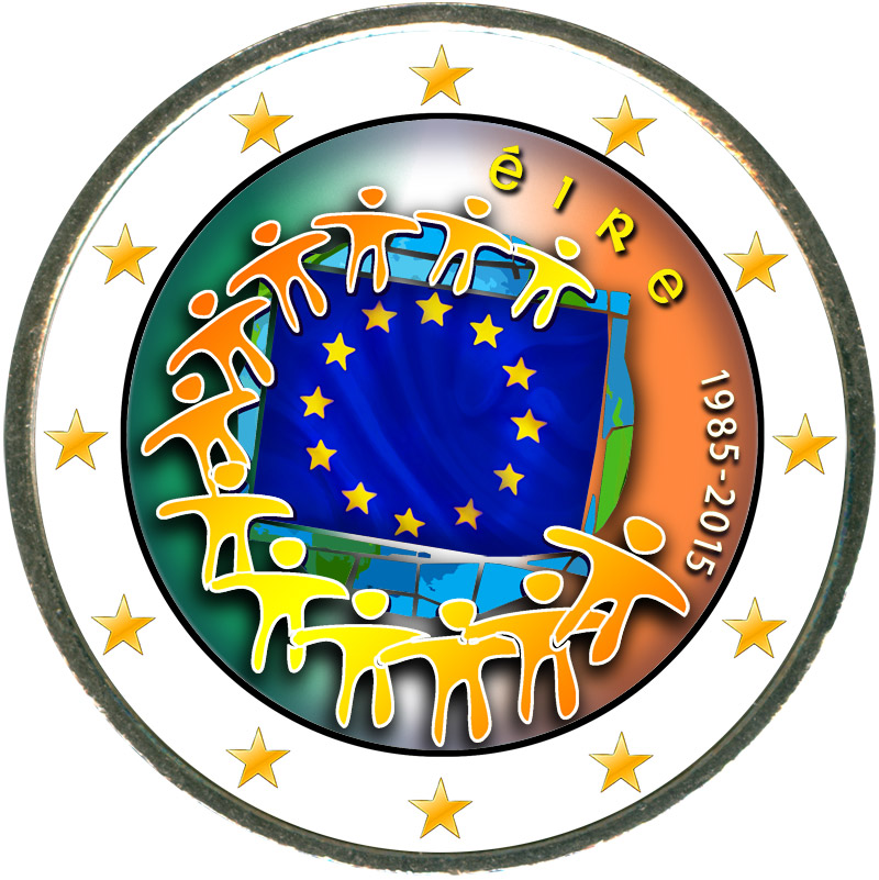 Монета номиналом 2 евро 2015 Ирландия 30 лет флагу ЕС (цветная)
