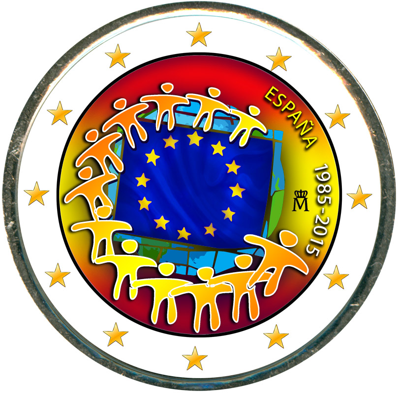 Монета номиналом 2 евро 2015 Испания 30 лет флагу ЕС (цветная)