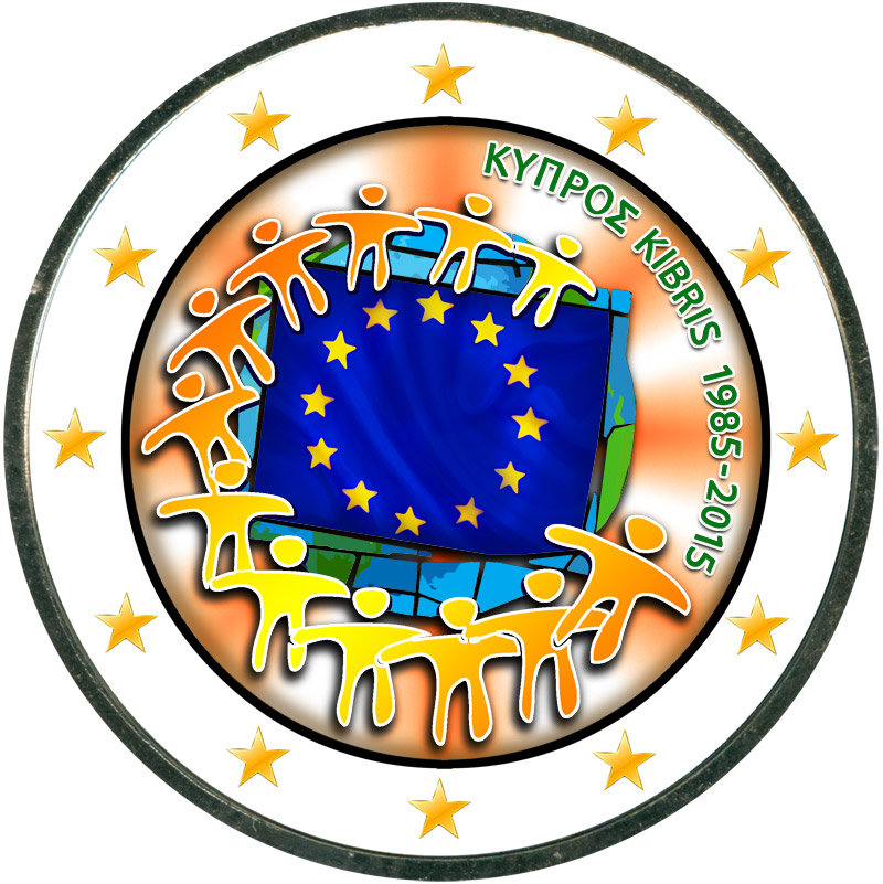 Монета номиналом 2 евро 2015 Кипр 30 лет флагу ЕС (цветная)